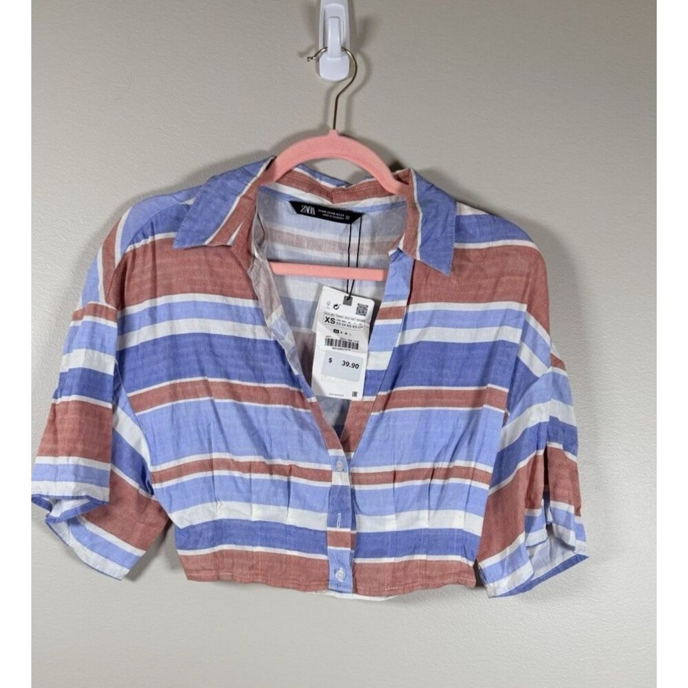 ZARA Womens XS Striped Cropped Button-Up Collared Short Sleeve Cotton Top